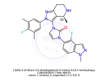 Chemical structure of 1-[(4S)-2-(4-fluoro-3,5-dimethylphenyl)-4-methyl-4,5,6,7-tetrahydropyrazolo[4,3-c]pyridin-3-yl]-3-(4-fluoro-1-methylindazol-5-yl)imidazol-2-one