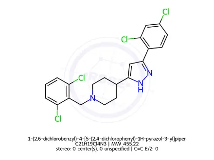 Chemical structure of 1-(2,6-dichlorobenzyl)-4-[5-(2,4-dichlorophenyl)-1H-pyrazol-3-yl]piperidine