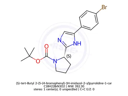 Chemical structure of (S)-tert-Butyl 2-(5-(4-bromophenyl)-1H-imidazol-2-yl)pyrrolidine-1-carboxylate