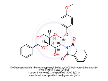 Chemical structure of β-D-Glucopyranoside, 4-methoxyphenyl 2-deoxy-2-(1,3-dihydro-1,3-dioxo-2H-isoindol-2-yl)-4,6-O-[(R)-phenylmethylene]