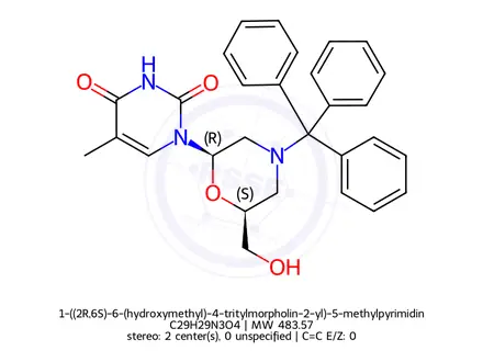 Chemical structure of 1-((2R,6S)-6-(hydroxymethyl)-4-tritylmorpholin-2-yl)-5-methylpyrimidine-2,4(1H,3H)-dione