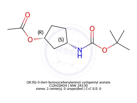Chemical structure of (1R,3S)-3-(tert-butoxycarbonylamino) cyclopentyl acetate