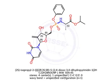 Chemical structure of (2S)-isopropyl-2-(((((2R,3S,5R)-5-(2,4-dioxo-3,4-dihydropyrimidin-1(2H)-yl)-3-hydroxy-4-methylenetetrahydrofuran-2-yl)methoxy (phenoxy)phosphoryl)amino)propanoate