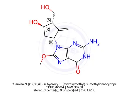 Chemical structure of 2-amino-9-[(1R,3S,4R)-4-hydroxy-3-(hydroxymethyl)-2-methylidenecyclopentyl]-8-methoxy-1H-purin-6-one
