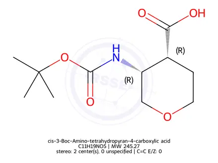 Chemical structure of cis-3-Boc-Amino-tetrahydropyran-4-carboxylic acid