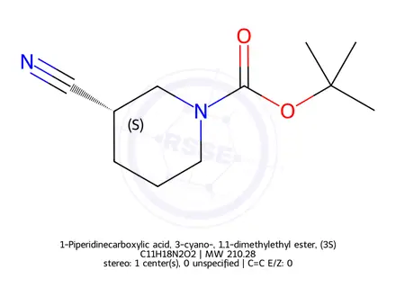 Chemical structure of 1-Piperidinecarboxylic acid, 3-cyano-, 1,1-dimethylethyl ester, (3S)-