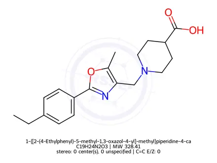 Chemical structure of 1-{[2-(4-Ethylphenyl)-5-methyl-1,3-oxazol-4-yl]-methyl}piperidine-4-carboxylic acid