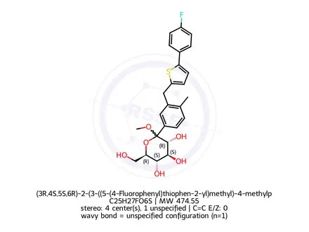 Chemical structure of (3R,4S,5S,6R)-2-(3-((5-(4-Fluorophenyl)thiophen-2-yl)methyl)-4-methylphenyl)-6-(hydroxymethyl)-2-methoxytetrahydro-2H-pyran-3,4,5-triol
