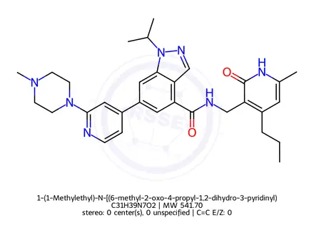 Chemical structure of 1-(1-Methylethyl)-N-[(6-methyl-2-oxo-4-propyl-1,2-dihydro-3-pyridinyl)methyl]-6-[2-(4-methyl-1-piperazinyl)-4-pyridinyl]-1H-indazole-4-carboxamide