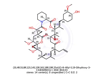 Chemical structure of (3S,4R,5S,8R,12S,14S,15R,16S,18R,19R,25aS,E)-8-Allyl-5,19-Dihydroxy-3-((E)-1-((1R,3R,4R)-4-hydroxy-3-methoxycyclohexyl)prop-1-en-2-yl)-14,16-dimethoxy-4,10,12,18-tetramethyl-3,4,5,6,8,11,12,13,14,15,16,17,18,19,23,24,25,25a-octadecahydro-15,18-(epoxymethano)pyrido[2,1-c][1]oxa[4]azacyclodocosine-1,7,20,26(22H)-tetraone