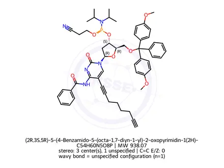 Chemical structure of (2R,3S,5R)-5-(4-Benzamido-5-(octa-1,7-diyn-1-yl)-2-oxopyrimidin-1(2H)-yl)-2-((bis(4-methoxyphenyl)(phenyl)methoxy)methyl)tetrahydrofuran-3-yl (2-cyanoethyl) diisopropylphosphoramidite