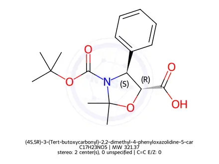 Chemical structure of (4S,5R)-3-(Tert-butoxycarbonyl)-2,2-dimethyl-4-phenyloxazolidine-5-carboxylic acid