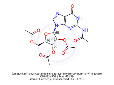 Chemical structure of (2R,3S,4R,5R)-2-(2-Acetamido-6-oxo-3,6-dihydro-9H-purin-9-yl)-5-(acetoxymethyl)tetrahydrofuran-3,4-diyl diacetate