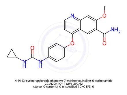 Chemical structure of 4-(4-(3-cyclopropylureido)phenoxy)-7-methoxyquinoline-6-carboxamide