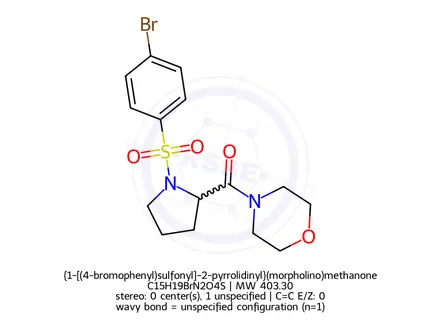 Chemical structure of {1-[(4-bromophenyl)sulfonyl]-2-pyrrolidinyl}(morpholino)methanone