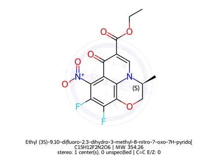 Chemical structure of Ethyl (3S)-9,10-difluoro-2,3-dihydro-3-methyl-8-nitro-7-oxo-7H-pyrido[1,2,3-de]-1,4-benzoxazine-6-carboxylate