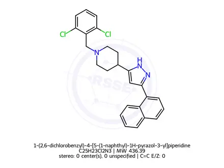 Chemical structure of 1-(2,6-dichlorobenzyl)-4-[5-(1-naphthyl)-1H-pyrazol-3-yl]piperidine