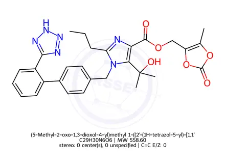 Chemical structure of (5-Methyl-2-oxo-1,3-dioxol-4-yl)methyl 1-((2'-(1H-tetrazol-5-yl)-[1,1'-biphenyl]-4-yl)methyl)-5-(2-hydroxypropan-2-yl)-2-propyl-1H-imidazole-4-carboxylate