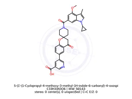 Chemical structure of 5-(1'-(1-Cyclopropyl-4-methoxy-3-methyl-1H-indole-6-carbonyl)-4-oxospiro[chromane-2,4'-piperidin]-6-yl)nicotinic Acid