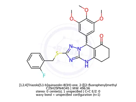 Chemical structure of [1,2,4]Triazolo[5,1-b]quinazolin-8(1H)-one, 2-[[(2-fluorophenyl)methyl]thio]-5,6,7,9-tetrahydro-9-(3,4,5-trimethoxyphenyl)-