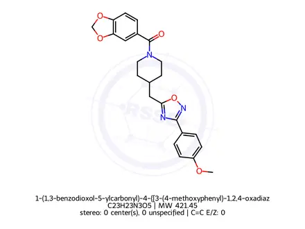 Chemical structure of 1-(1,3-benzodioxol-5-ylcarbonyl)-4-{[3-(4-methoxyphenyl)-1,2,4-oxadiazol-5-yl]methyl}piperidine