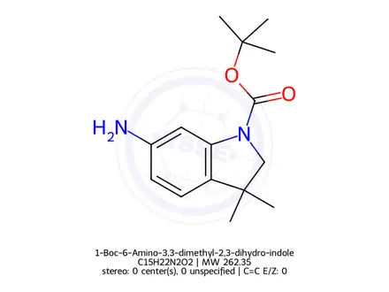 Chemical structure of 1-Boc-6-Amino-3,3-dimethyl-2,3-dihydro-indole