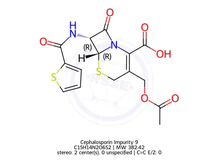 Chemical structure of (6R,7R)-3-(Acetoxymethyl)-8-oxo-7-(thiophene-2-carboxamido)-5-thia-1-azabicyclo[4.2.0]oct-2-ene-2-carboxylic Acid