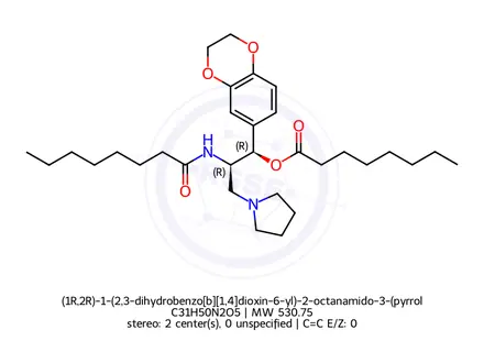 Chemical structure of (1R,2R)-1-(2,3-dihydrobenzo[b][1,4]dioxin-6-yl)-2-octanamido-3-(pyrrolidin-1-yl)propyl octanoate