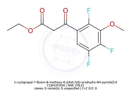 Chemical structure of 1-cyclopropyl-7-fluoro-8-methoxy-6-((4aS,7aS)-octahydro-6H-pyrrolo[3,4-b]pyridin-6-yl)-4-oxo-1,4-dihydroquinoline-3-carboxylic acid