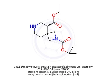 Chemical structure of 2-(1,1-Dimethylethyl) 5-ethyl 2,7-diazaspiro[3.5]nonane-2,5-dicarboxylate
