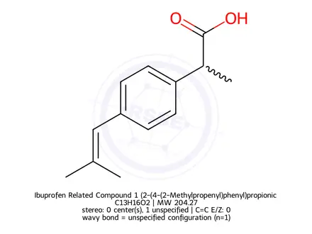 Chemical structure of Ibuprofen Related Compound 1 (2-(4-(2-Methylpropenyl)phenyl)propionic Acid)