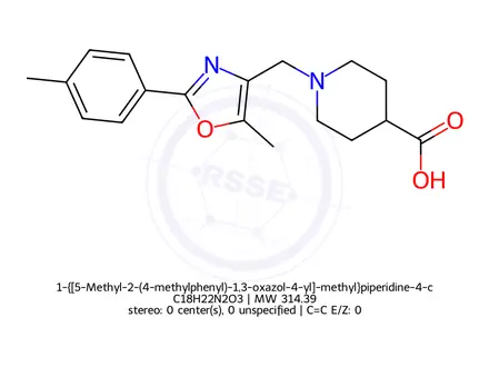 Chemical structure of 1-{[5-Methyl-2-(4-methylphenyl)-1,3-oxazol-4-yl]-methyl}piperidine-4-carboxylic acid