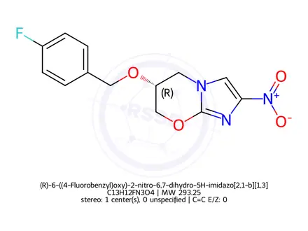 Chemical structure of (R)-6-((4-Fluorobenzyl)oxy)-2-nitro-6,7-dihydro-5H-imidazo[2,1-b][1,3]oxazine