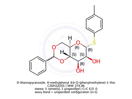 Chemical structure of α-D-Mannopyranoside, 4-methylphenyl 4,6-O-(phenylmethylene)-1-thio-