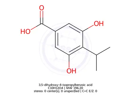 Chemical structure of 3,5-dihydroxy-4-isopropylbenzoic acid