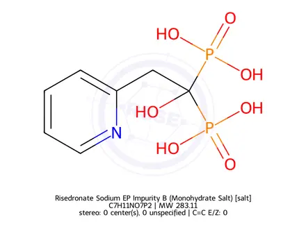 Chemical structure of Risedronate Related Compound A ([1-hydroxy-2-(2-pyridinyl)ethylidene]bis(phosphonic acid)) (1604621)