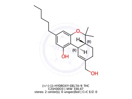 Chemical structure of (+/-)-11-HYDROXY-DELTA-9 THC