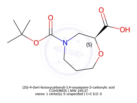 Chemical structure of (2S)-4-(tert-butoxycarbonyl)-1,4-oxazepane-2-carboxylic acid