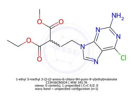 Chemical structure of 1-ethyl 3-methyl 2-(2-(2-amino-6-chloro-9H-purin-9-yl)ethyl)malonate