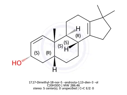 Chemical structure of 17,17-Dimethyl-18-nor-5β-androsta-1,13-dien-3α-ol
