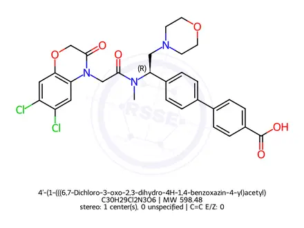 Chemical structure of 4'-(1-(((6,7-Dichloro-3-oxo-2,3-dihydro-4H-1,4-benzoxazin-4-yl)acetyl)(methyl)amino)-2-(4-morpholinyl)ethyl)-4-diphenylcarboxylic acid;