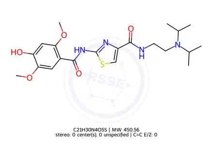 Chemical structure of 2-[N-(5-Hydroxy-2,4-dimethoxybenzoyl)amino]-4-[(2-diisopropylaminoethyl)aminocarbonyl]-1,3-thiazole maleate