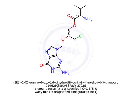 Chemical structure of (2RS)-2-[(2-Amino-6-oxo-1,6-dihydro-9H-purin-9-yl)methoxy]-3-chloropropyl L-Valinate
