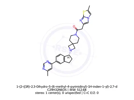 Chemical structure of 1-(2-((1R)-2,3-Dihydro-5-(6-methyl-4-pyrimidinyl)-1H-inden-1-yl)-2,7-diazaspiro(3.5)non-7-yl)-2-(2-methylimidazo(2,1-b)thiazol-6-yl)ethanone