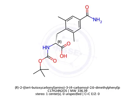Chemical structure of (R)-2-((tert-butoxycarbonyl)amino)-3-(4-carbamoyl-2,6-dimethylphenyl)propanoic acid