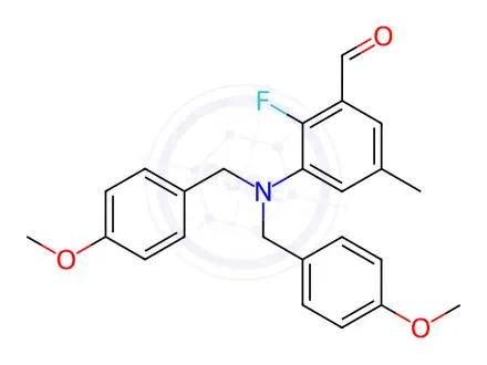 Chemical structure of Benzaldehyde, 3-[bis[(4-methoxyphenyl)methyl]amino]-2-fluoro-5-methyl-