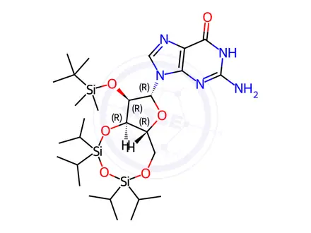 Chemical structure of Guanosine, 2'-O-[(1,1-dimethylethyl)dimethylsilyl]-3',5'-O-[1,1,3,3-tetrakis(1-methylethyl)-1,3-disiloxanediyl]-(9CI)