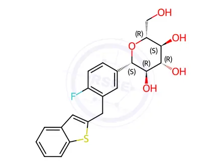 Chemical structure of L-Proline compd. with (1S)-1,5-anhydro-1-C-[3-(benzo[b]thien-2-ylmethyl)-4-fluorophenyl]-D-glucitol (1:1)