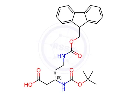 Chemical structure of (S)-N-beta-(Tert-Butoxy)Carbonyl N-delta-(9H-Fluoren-9-yl)MethOxy]Carbonyl 3,5-diaminopentanoic acid