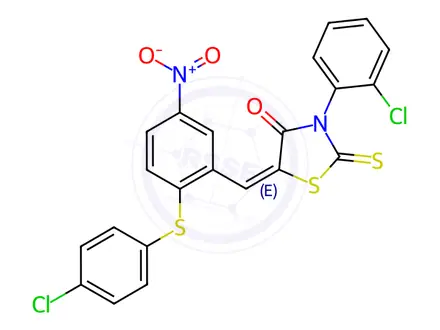 Chemical structure of (5E)-3-(2-Chlorophenyl)-5-({2-[(4-chlorophenyl)sulfanyl]-5-nitrophenyl}methylidene)-2-sulfanylidene-1,3-thiazolidin-4-one